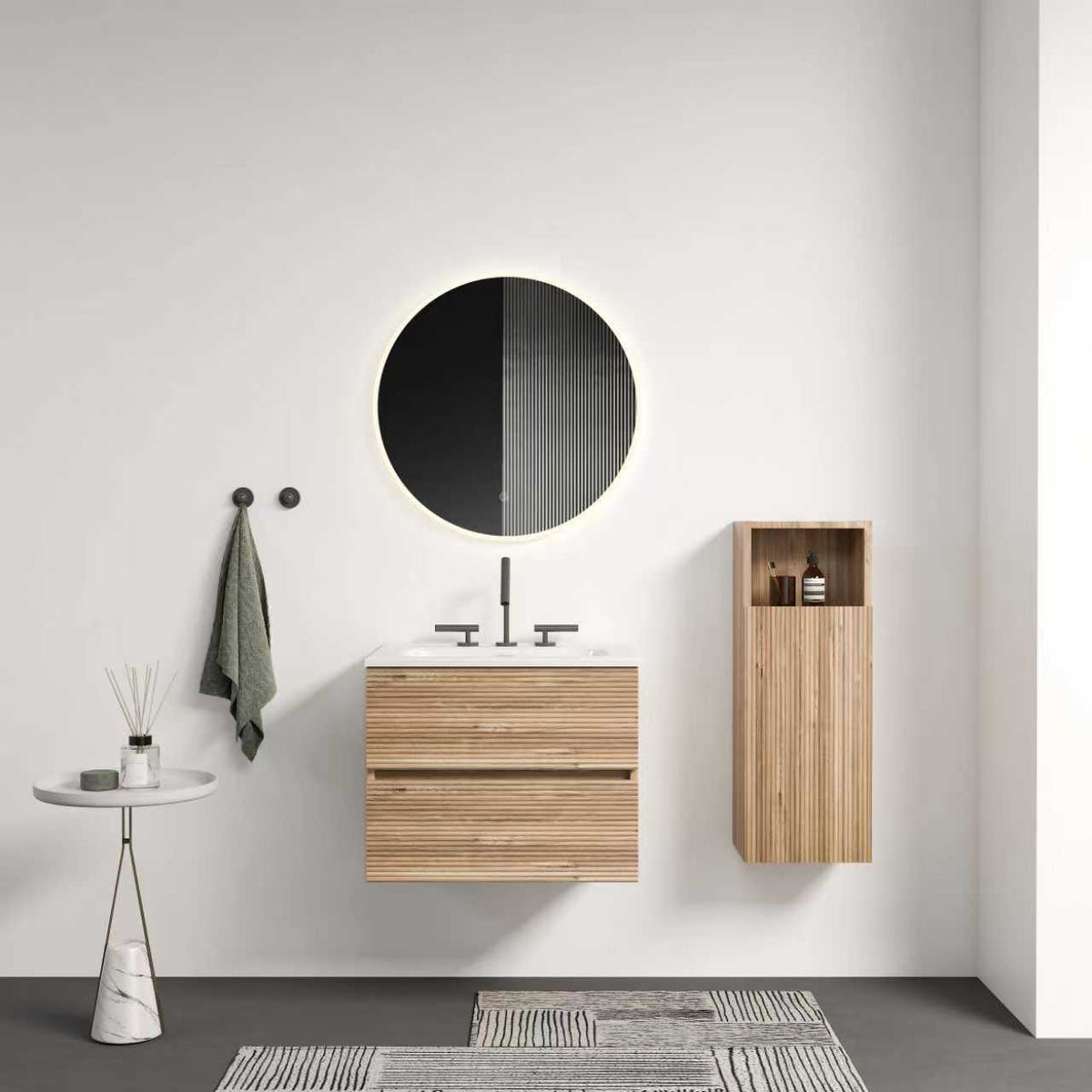 Gloria 24" Wall Mounted Rough Oak&Rough Oak Bathroom Vanity with Integrated Ceramic Sink with 3 holes, Overflow, Large Storage Floating Bathroom Vanity for Modern Bathroom, KD