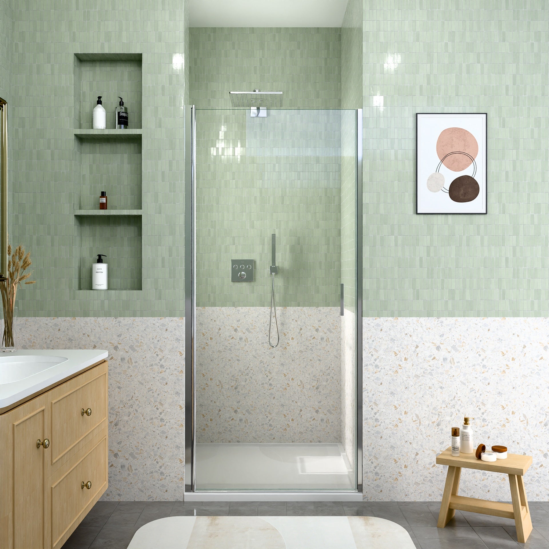 30" W x 72" H Semi-Frameless Circular Pivot Shower Door in Chrome With 1/4" (6mm) Thick SGCC Tempered Glass