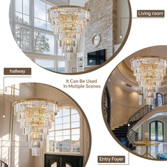 40-Inch Gold Tiered Crystal Tube Chandelier, 30-Light E12 Pendant with 370 Crystal Rods, Mirror-Polished Metal Frame, Adjustable 79" Chain, LED Bulbs Included