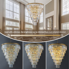 40-Inch Gold Tiered Crystal Tube Chandelier, 30-Light E12 Pendant with 370 Crystal Rods, Mirror-Polished Metal Frame, Adjustable 79" Chain, LED Bulbs Included