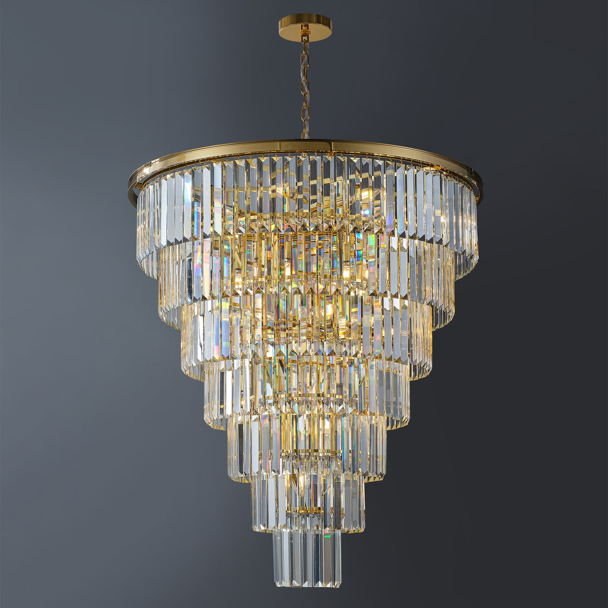 40-Inch Gold Tiered Crystal Tube Chandelier, 30-Light E12 Pendant with 370 Crystal Rods, Mirror-Polished Metal Frame, Adjustable 79" Chain, LED Bulbs Included
