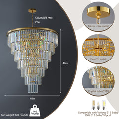 40-Inch Gold Tiered Crystal Tube Chandelier, 30-Light E12 Pendant with 370 Crystal Rods, Mirror-Polished Metal Frame, Adjustable 79" Chain, LED Bulbs Included