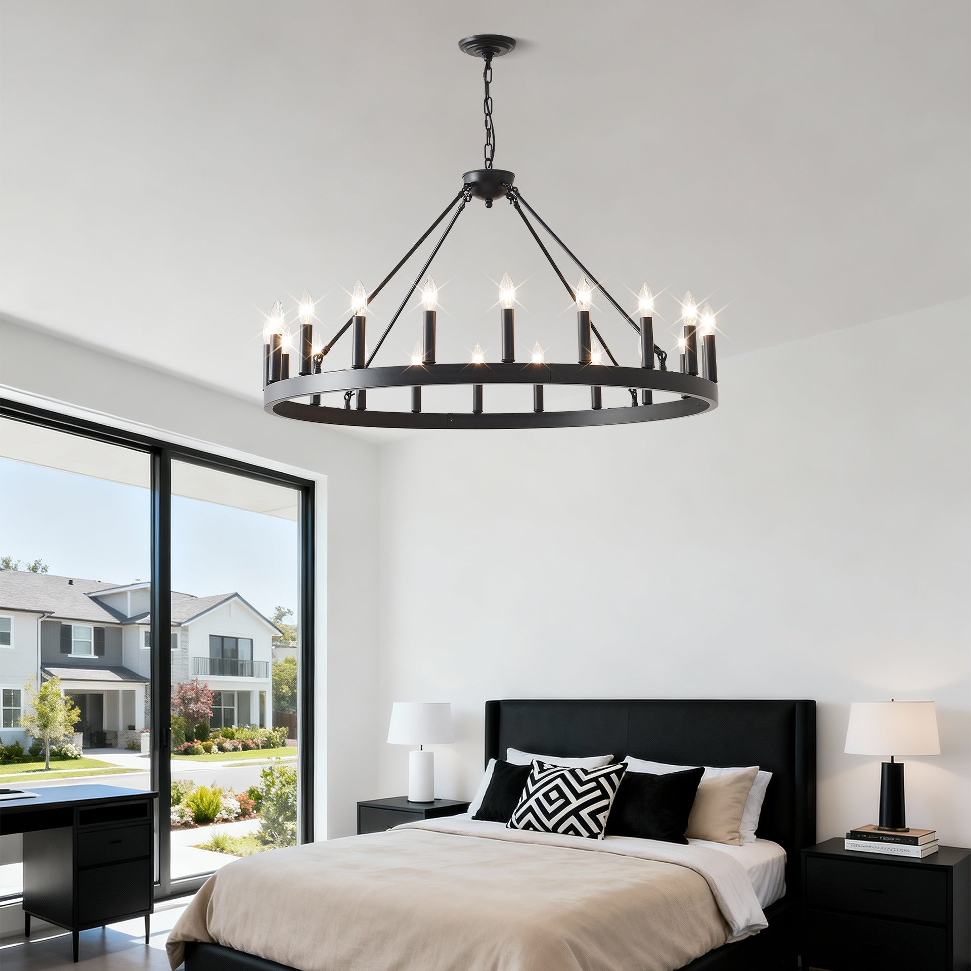 20-Light 39.4INCH Extra Large Wagon Wheel Chandelier, Black Farmhouse Round Wheel Chandelier Light Fixtures Wagon Wheel Chandeliers For Porch High Ceilings Dining Room Living Room,Kitchen, Bedroom-E12