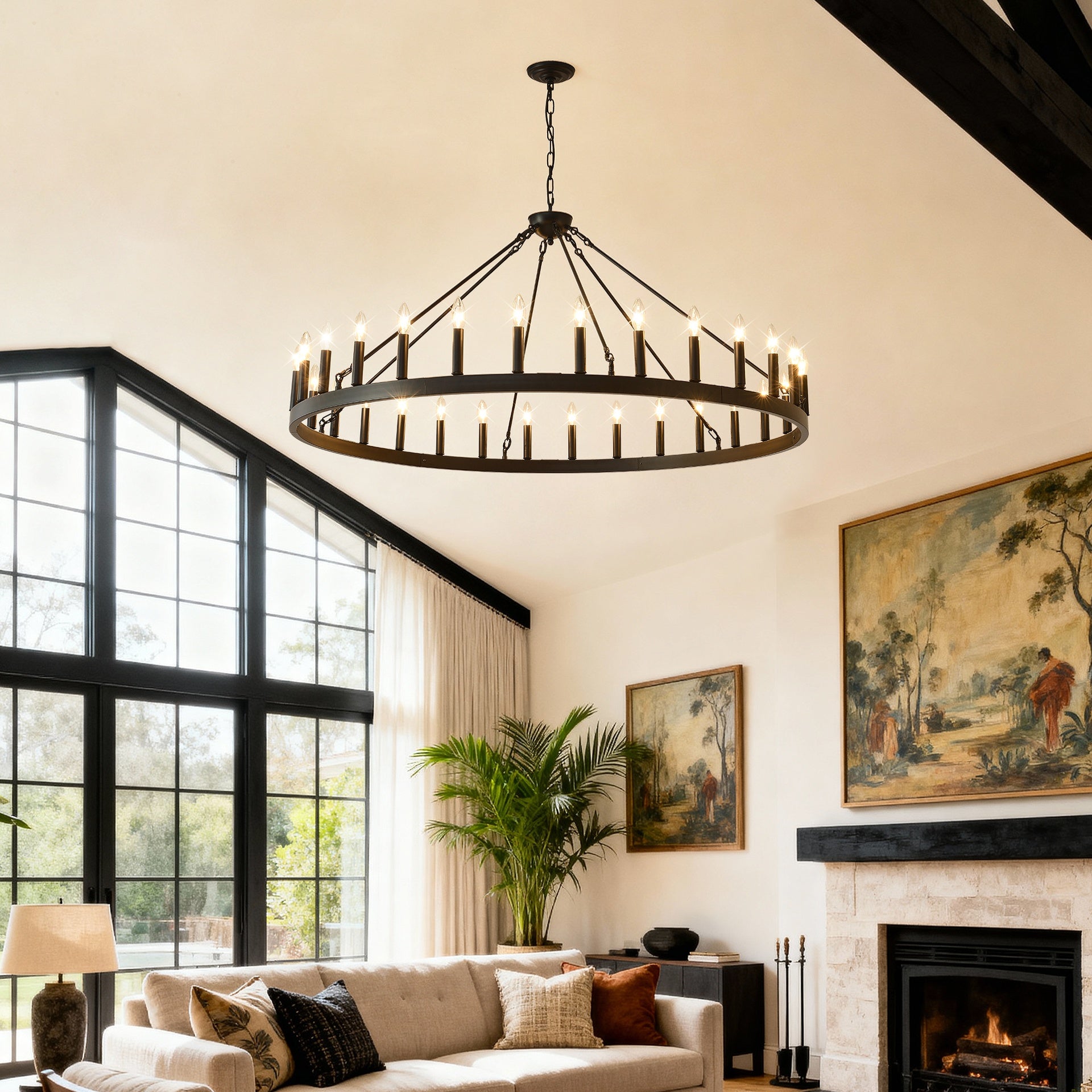 53.15 Inch Matte Black Wagon Wheel Chandelier With 30 Light (No Bulbs)-E12