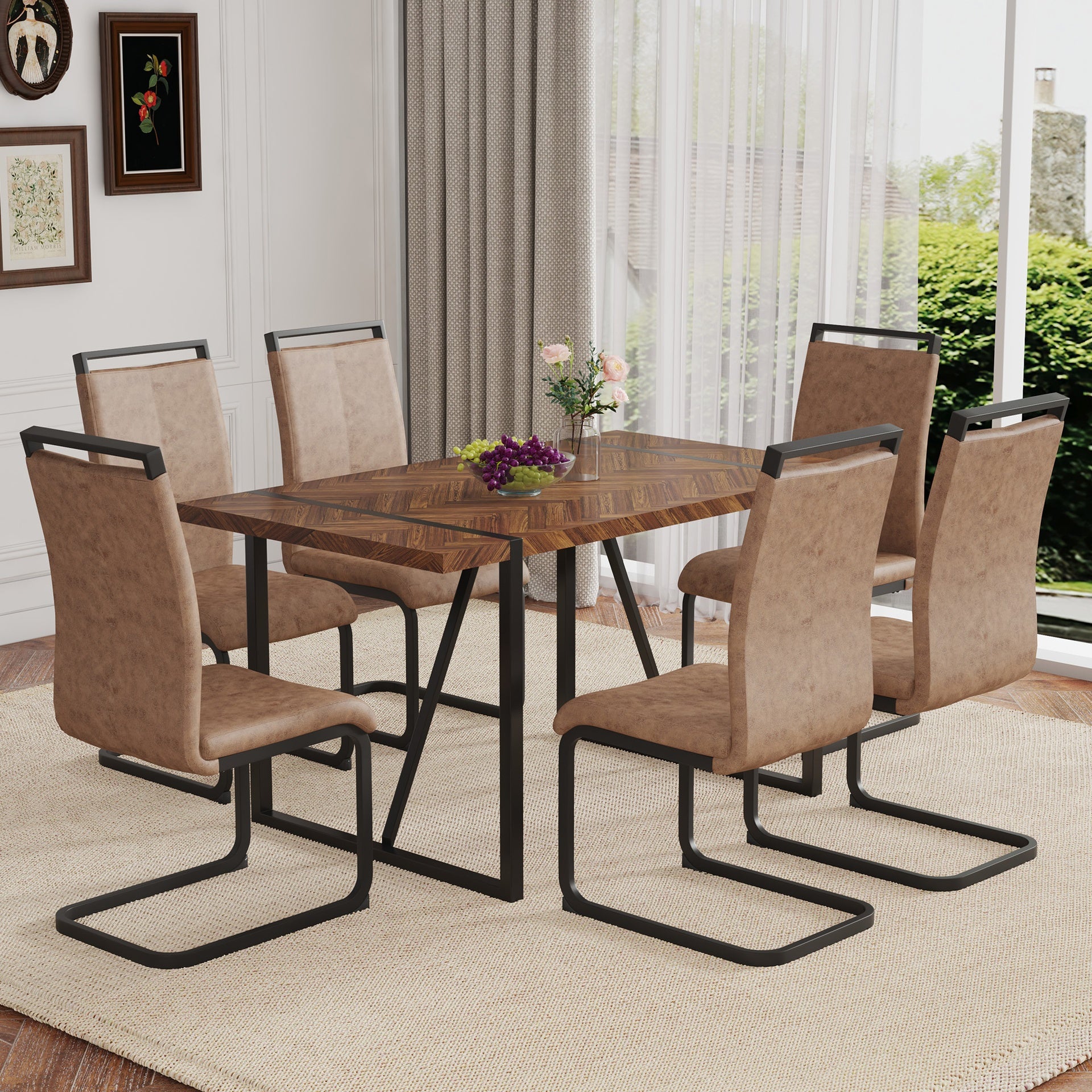 Table and chair set.A retro rectangular dining table with fishbone patterned MDF desktop and black metal legs.Paired With 6 Brown technology fabric chairs with Featuring arched black legs.