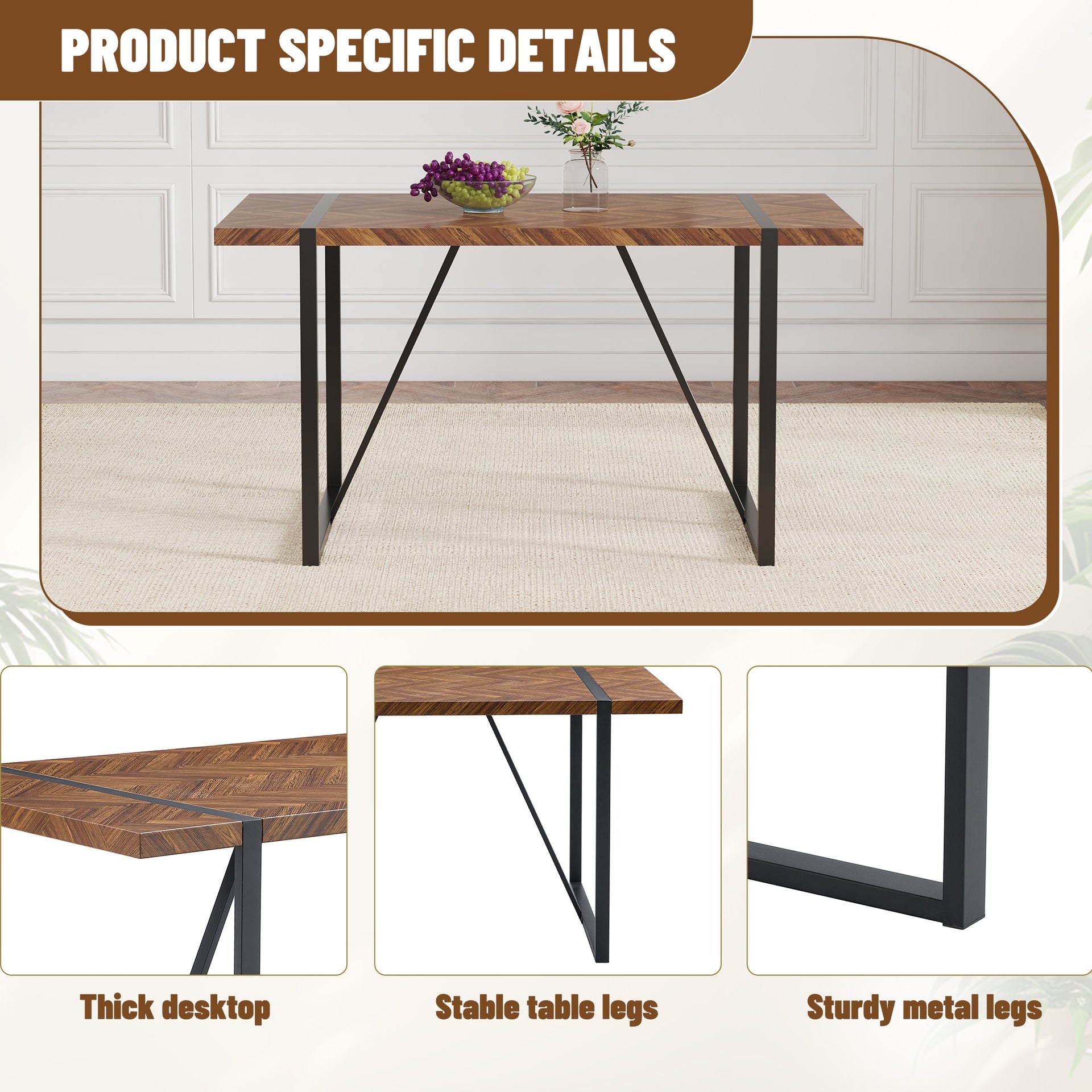 Table and chair set.A retro rectangular dining table with fishbone patterned MDF desktop and black metal legs.Paired With 4 Brown technology fabric chairs with Featuring arched black legs.