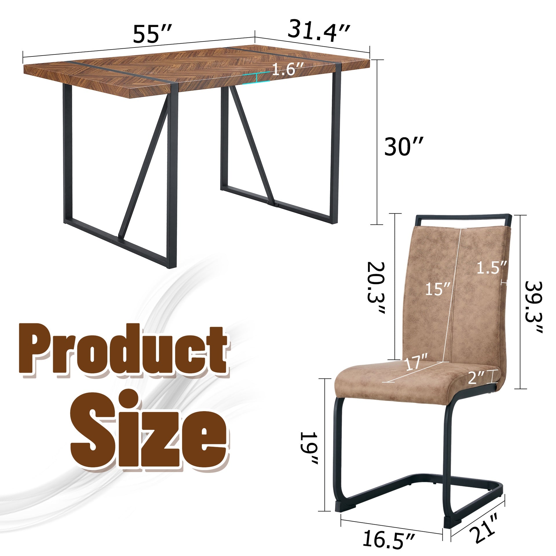 Table and chair set.A retro rectangular dining table with fishbone patterned MDF desktop and black metal legs.Paired With 4 Brown technology fabric chairs with Featuring arched black legs.
