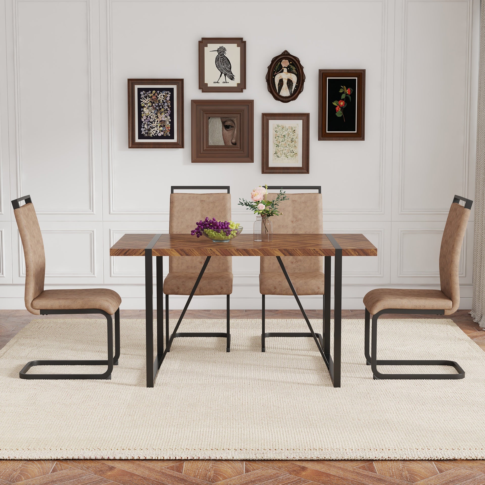 Table and chair set.A retro rectangular dining table with fishbone patterned MDF desktop and black metal legs.Paired With 4 Brown technology fabric chairs with Featuring arched black legs.
