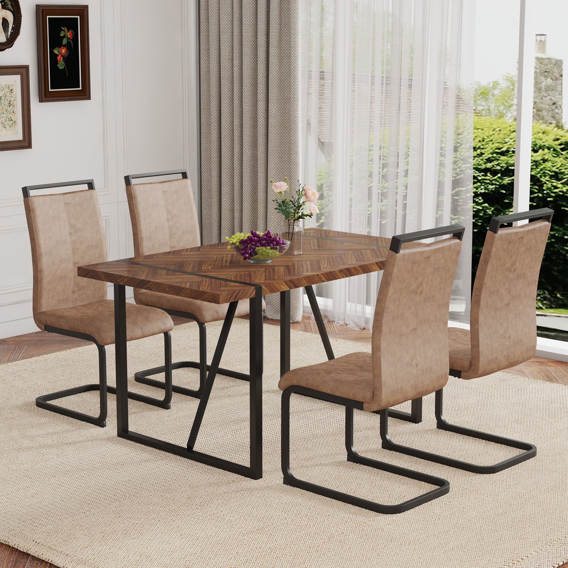 Table and chair set.A retro rectangular dining table with fishbone patterned MDF desktop and black metal legs.Paired With 4 Brown technology fabric chairs with Featuring arched black legs.