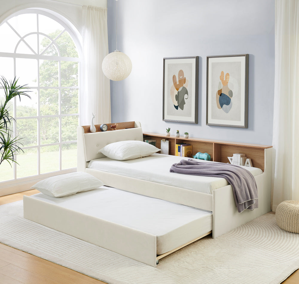 Twin Size Upholstery Velvet Height Adjustable Day Bed with Storage Headboard and Wireless Charging, Multi-functional Daybed with Trundle Bed & LED Lights, Beige