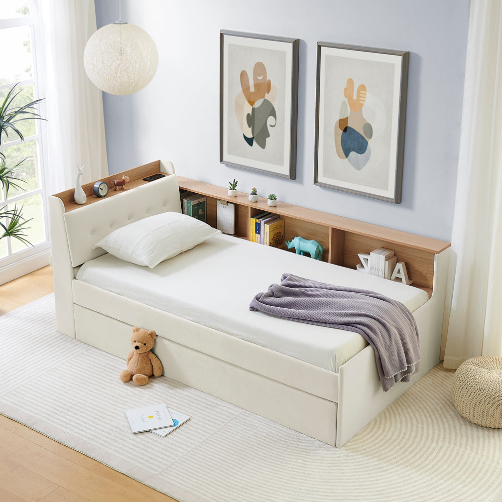 Twin Size Upholstery Velvet Height Adjustable Day Bed with Storage Headboard and Wireless Charging, Multi-functional Daybed with Trundle Bed & LED Lights, Beige