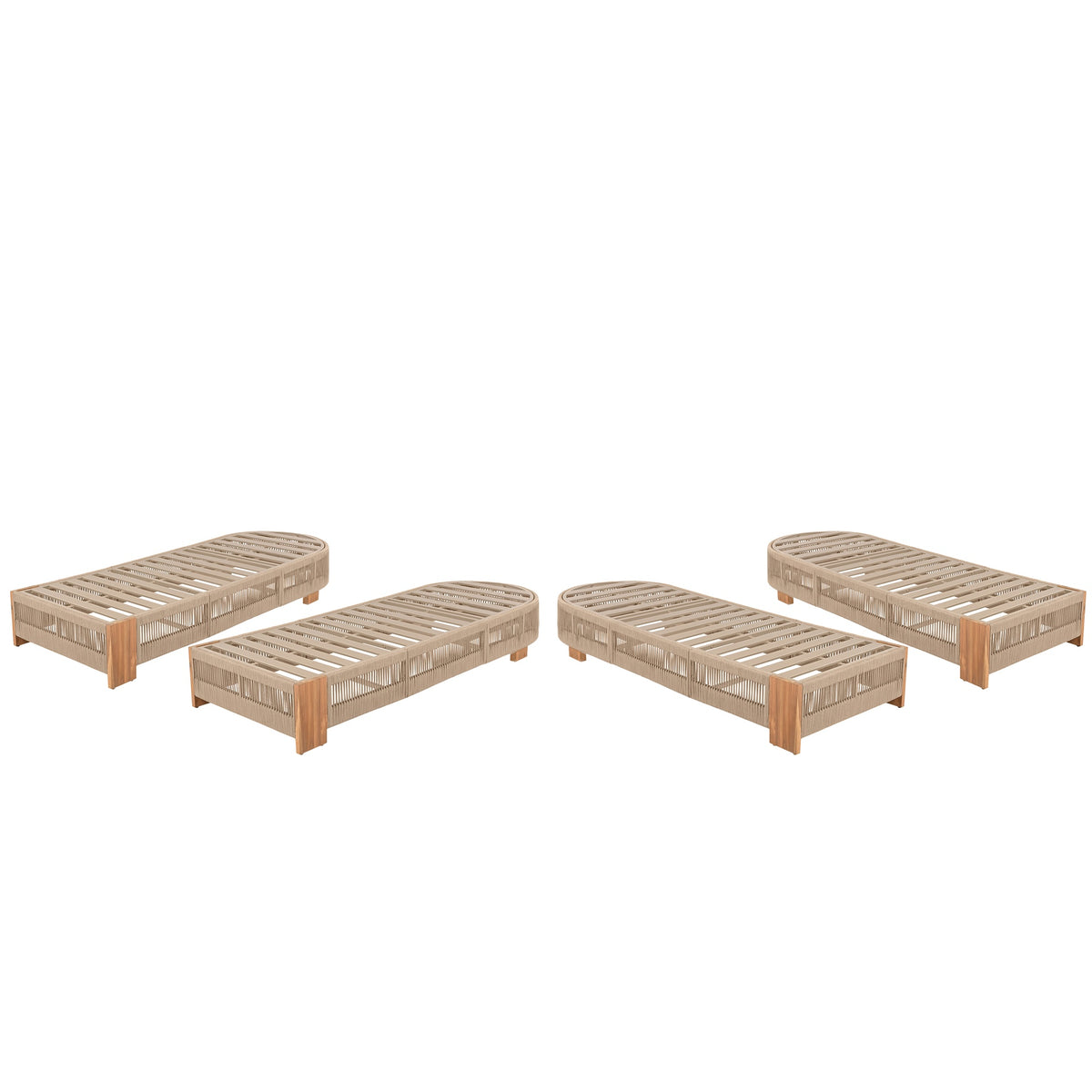 Outdoor Acacia Wood Patio Adjustable Lounge Chair Set of 4 - Uncushioned for Backyard Pool Garden - Beige rope & Natural iron