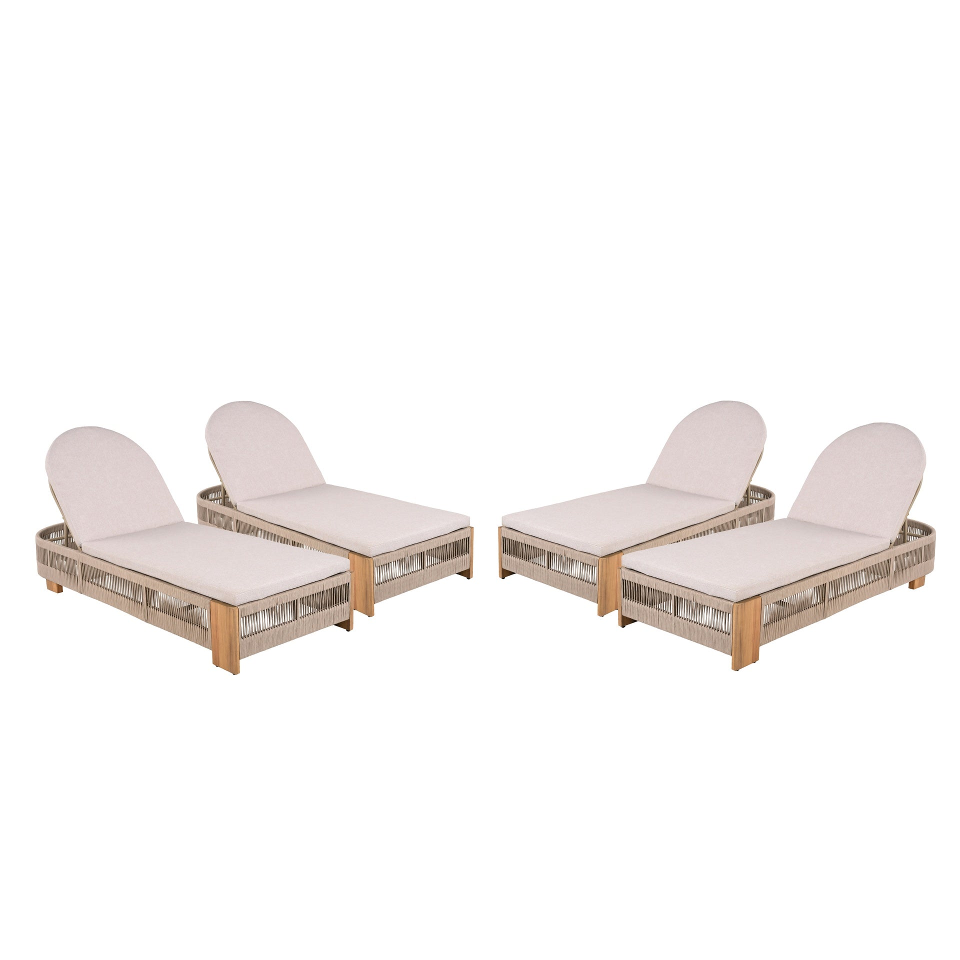 Outdoor Acacia Wood Patio Adjustable Lounge Chair Set of 4 - Uncushioned for Backyard Pool Garden - Beige rope & Natural iron