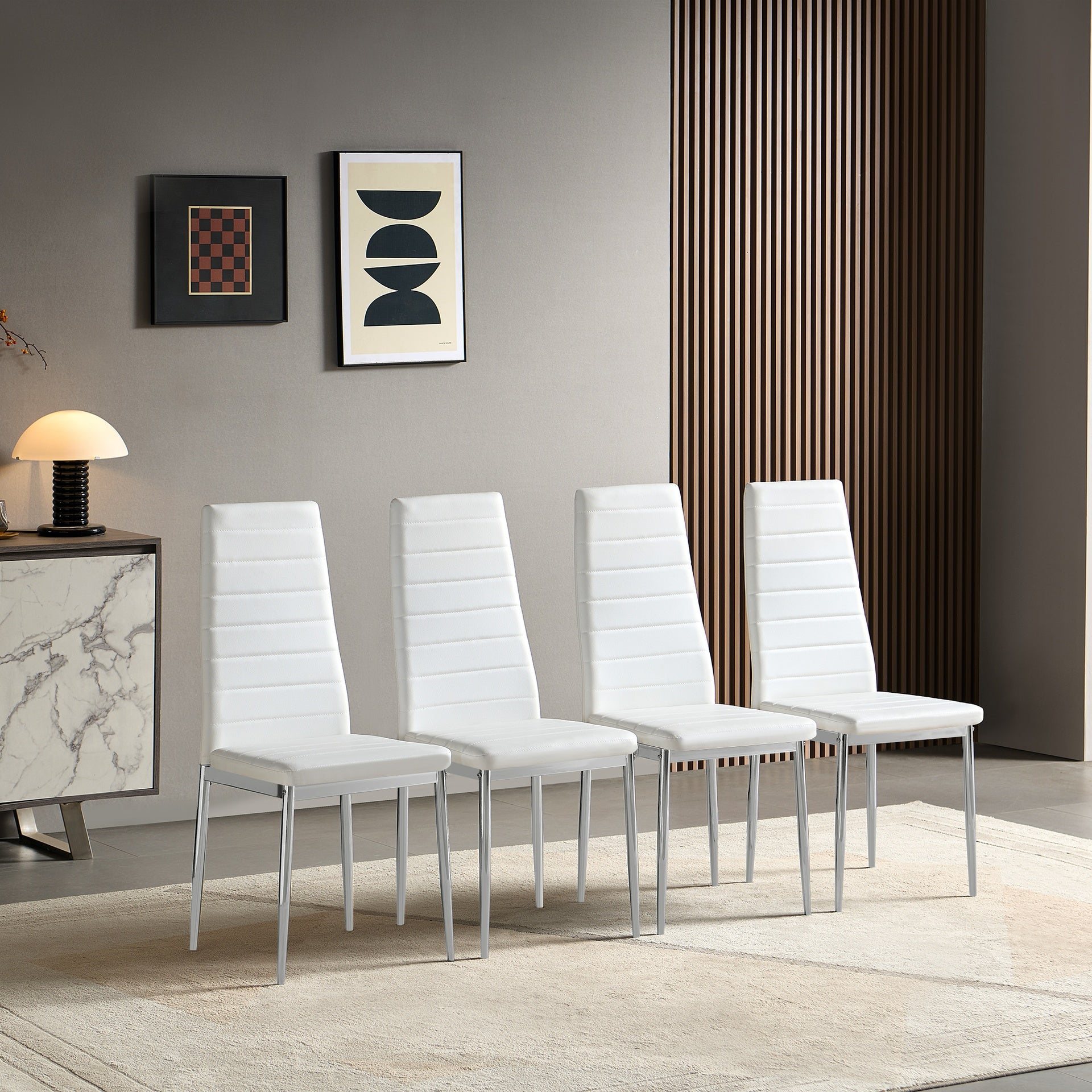 Modern Style Dining Chair Set for 4 with Comfortable PU Leather and Silver Chrome Plated chair legs,White