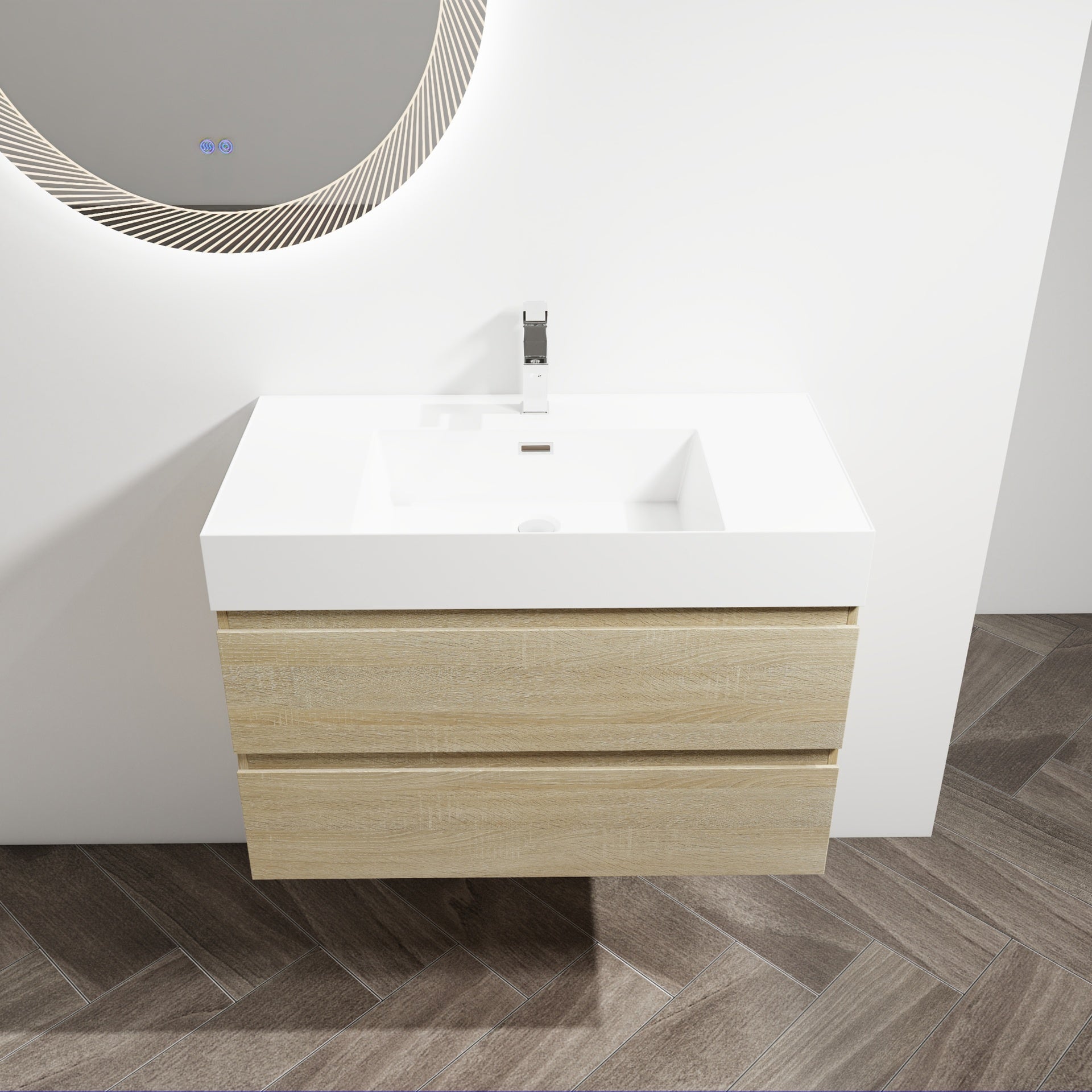 36" Wall-Mounted Bathroom Vanity With Resin Sink, 2-Soft Close Drawers, KD-Package