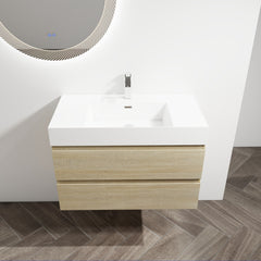 36" Wall-Mounted Bathroom Vanity With Resin Sink, 2-Soft Close Drawers, KD-Package