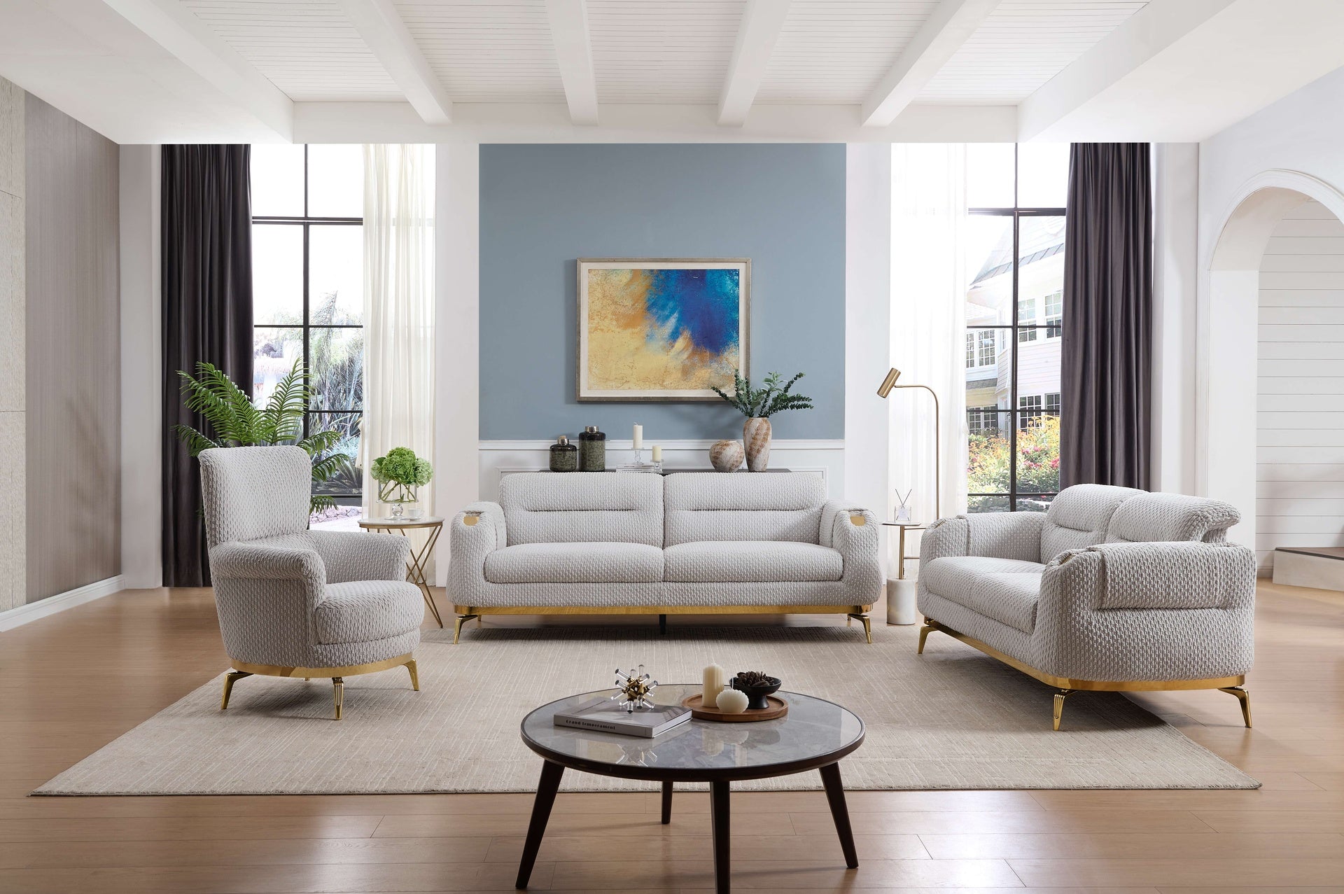 Zoe Modern style 3PC Living room set (Sofa + Loveseat + Chair) made with wood and Gold accents in Gray(CA Warehouse Inventory)