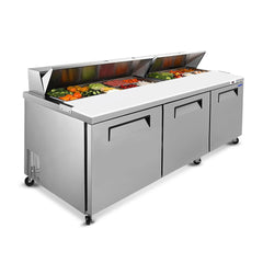 Orikool 72 IN Commercial Refrigerators Sandwich&Salad Prep Table with a Butcher Block Cutting Board, Protection Lid, Cold Storage, ETL Certified