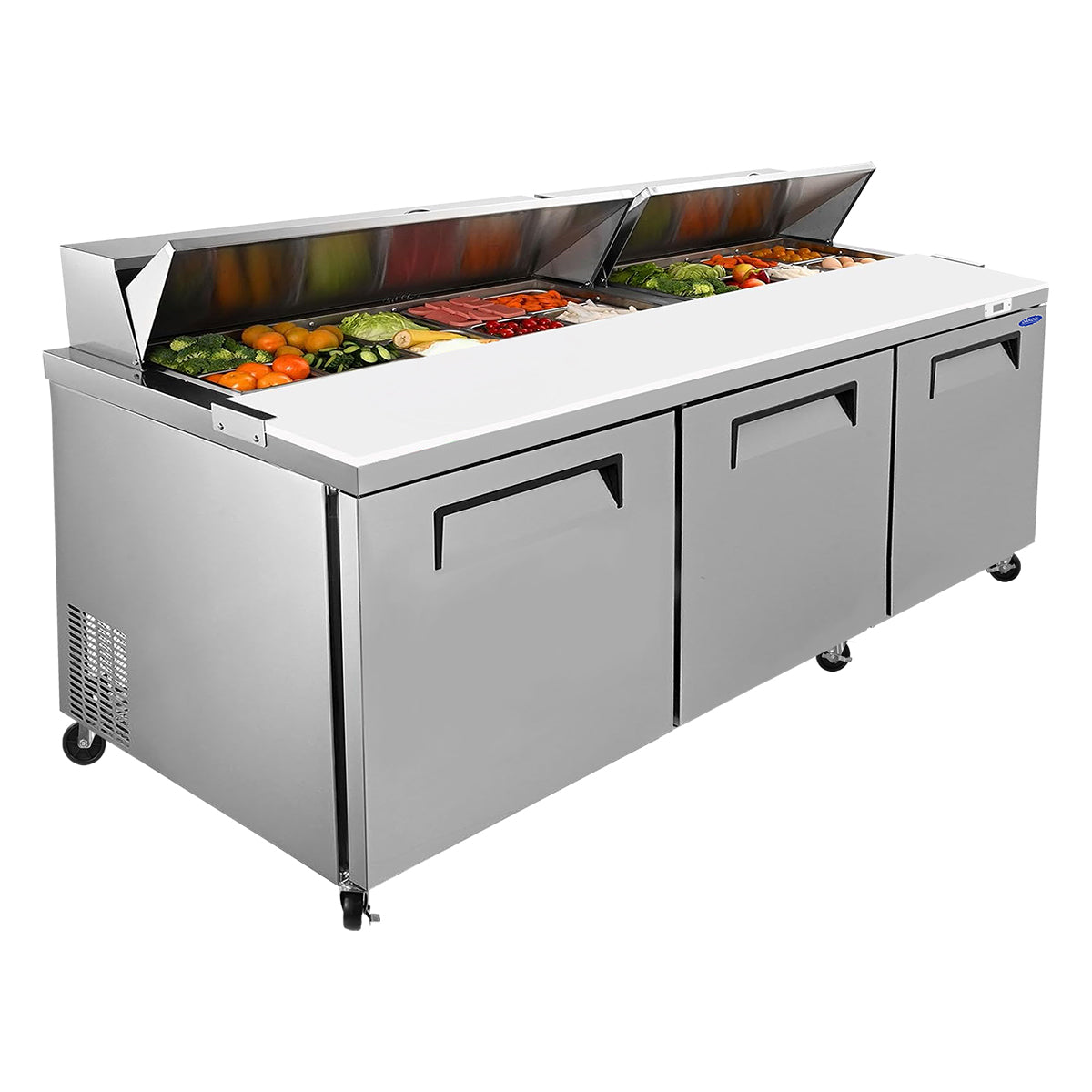 Orikool 72 IN Commercial Refrigerators Sandwich&Salad Prep Table with a Butcher Block Cutting Board, Protection Lid, Cold Storage, ETL Certified