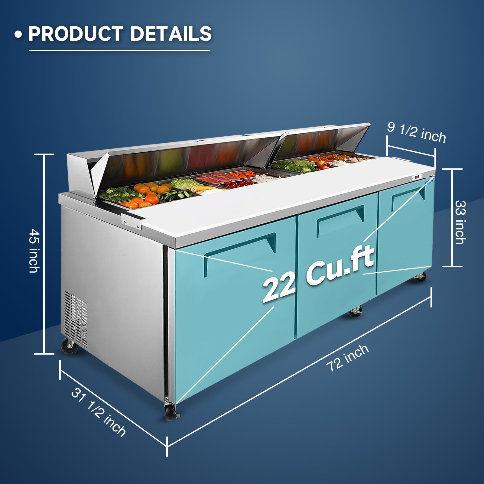 Orikool 72 IN Commercial Refrigerators Sandwich&Salad Prep Table with a Butcher Block Cutting Board, Protection Lid, Cold Storage, ETL Certified