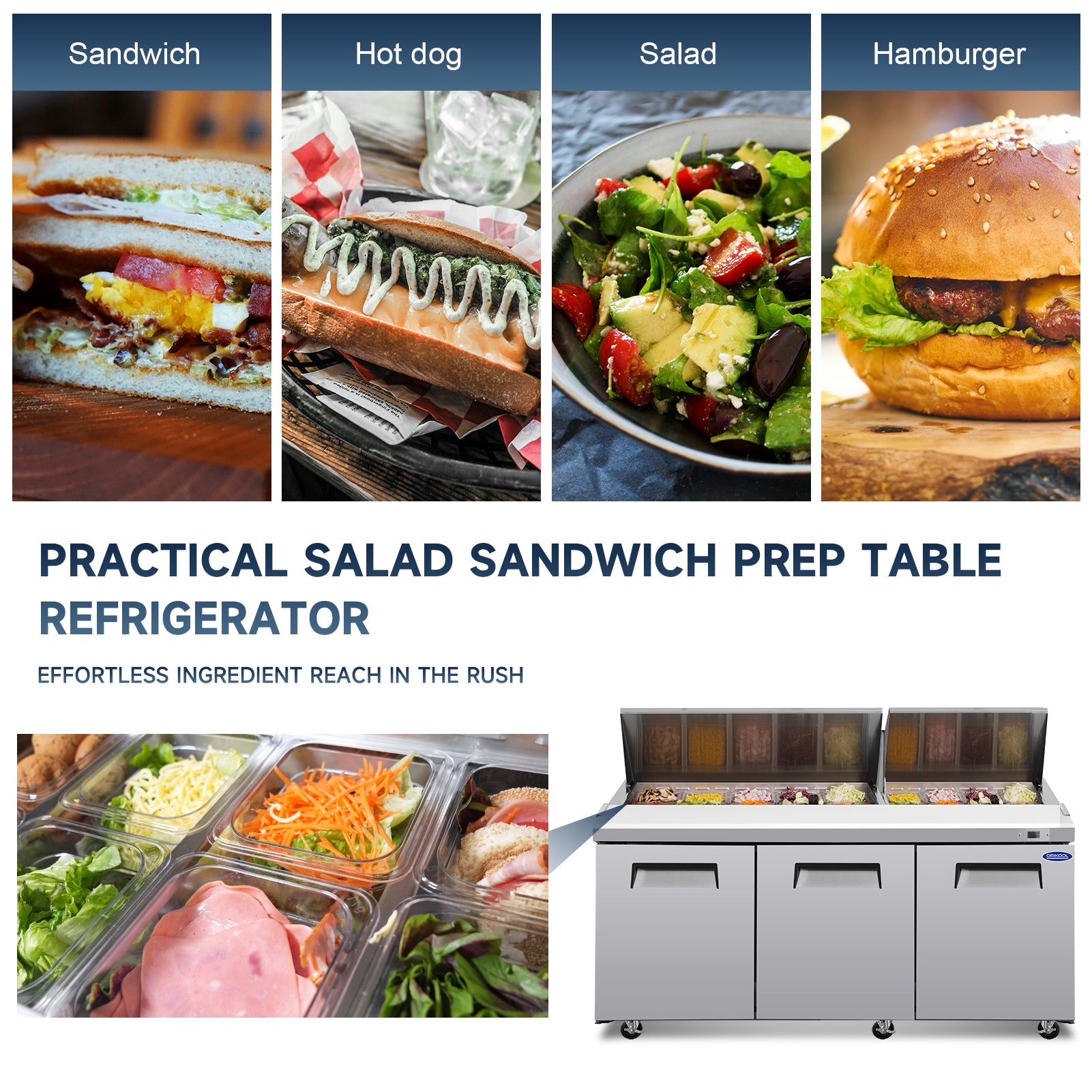 Orikool 72 IN Commercial Refrigerators Sandwich&Salad Prep Table with a Butcher Block Cutting Board, Protection Lid, Cold Storage, ETL Certified