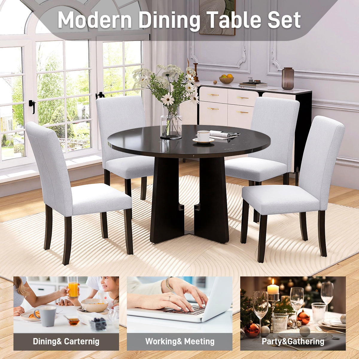 5-Piece Round Dining Table set, 43-Inch Modern Dining Table and 4 Upholstered Chairs for Dining Room, Kitchen Room, Living Room, Easy Assembly