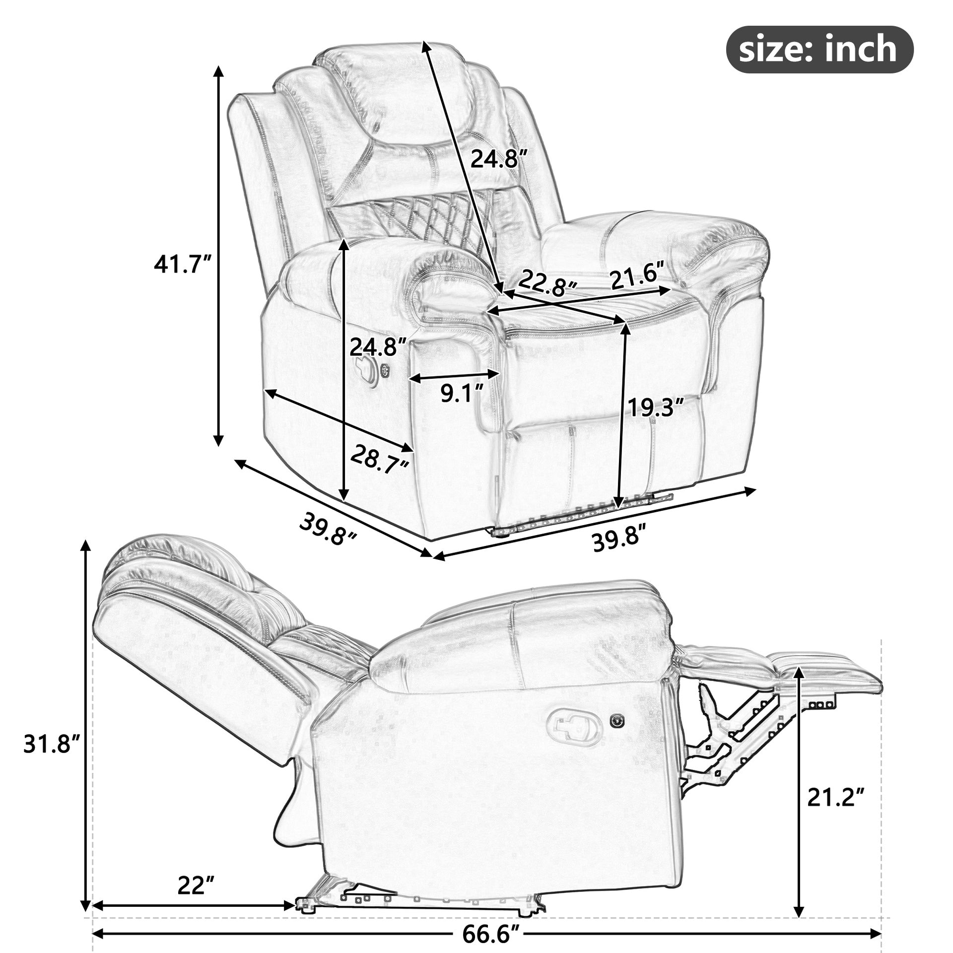 Home Theater Seating Manual Recliner Chair with LED Light Strip for Living Room,Bedroom, Brown