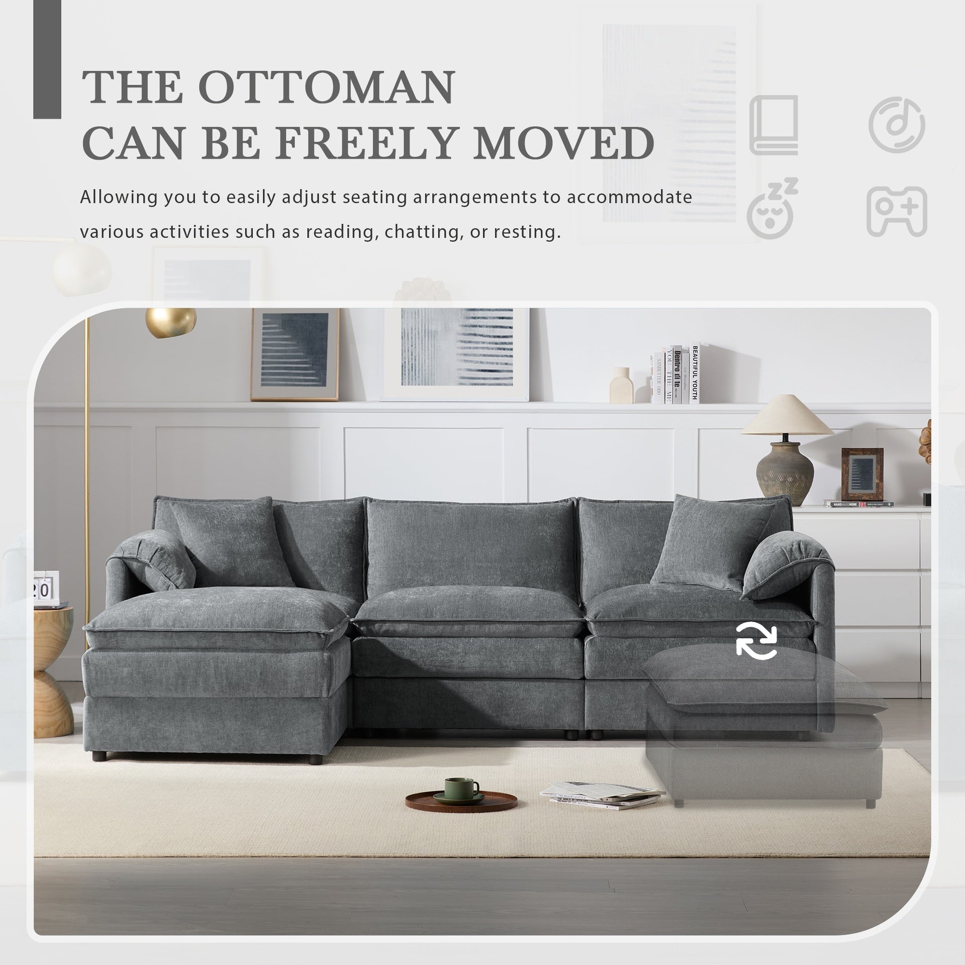 103" Chenille Modular Sectional Sofa with Deep and Wide Seat,L Shaped Cloud Couch Set with Double Cushions,4 Seat Sofa with Movable Ottoman,Oversized Indoor Furniture for Living Room&Apartment