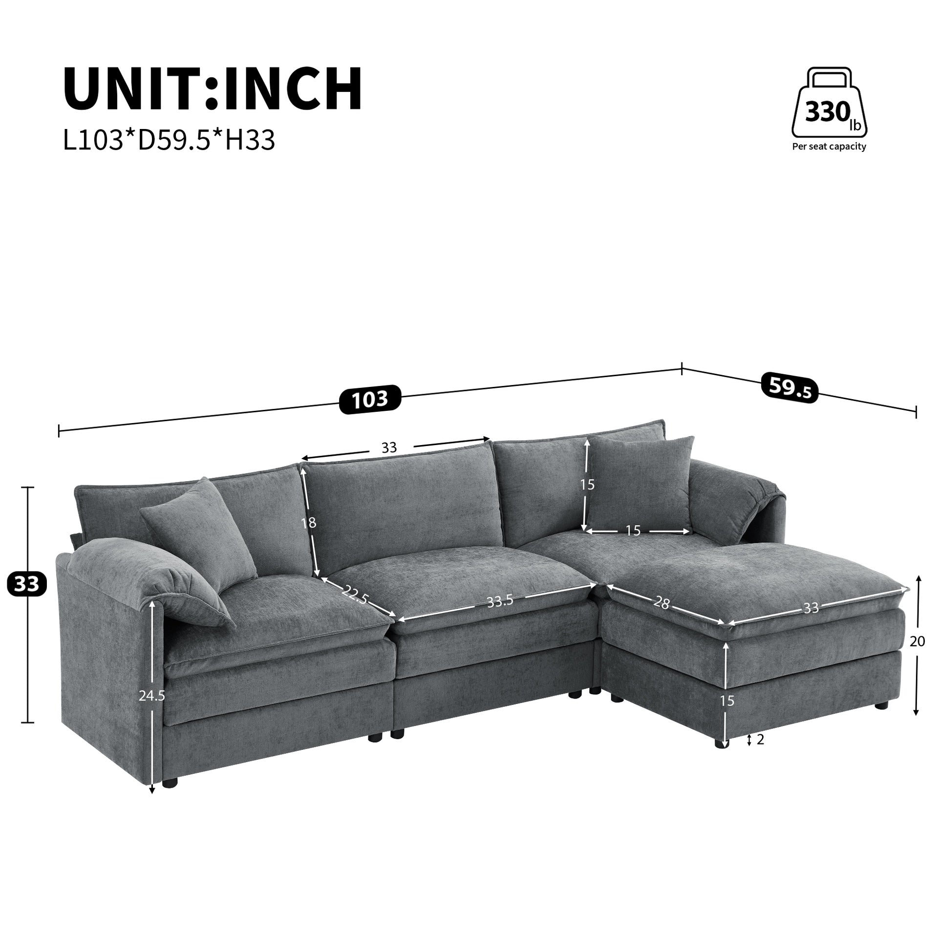 103" Chenille Modular Sectional Sofa with Deep and Wide Seat,L Shaped Cloud Couch Set with Double Cushions,4 Seat Sofa with Movable Ottoman,Oversized Indoor Furniture for Living Room&Apartment