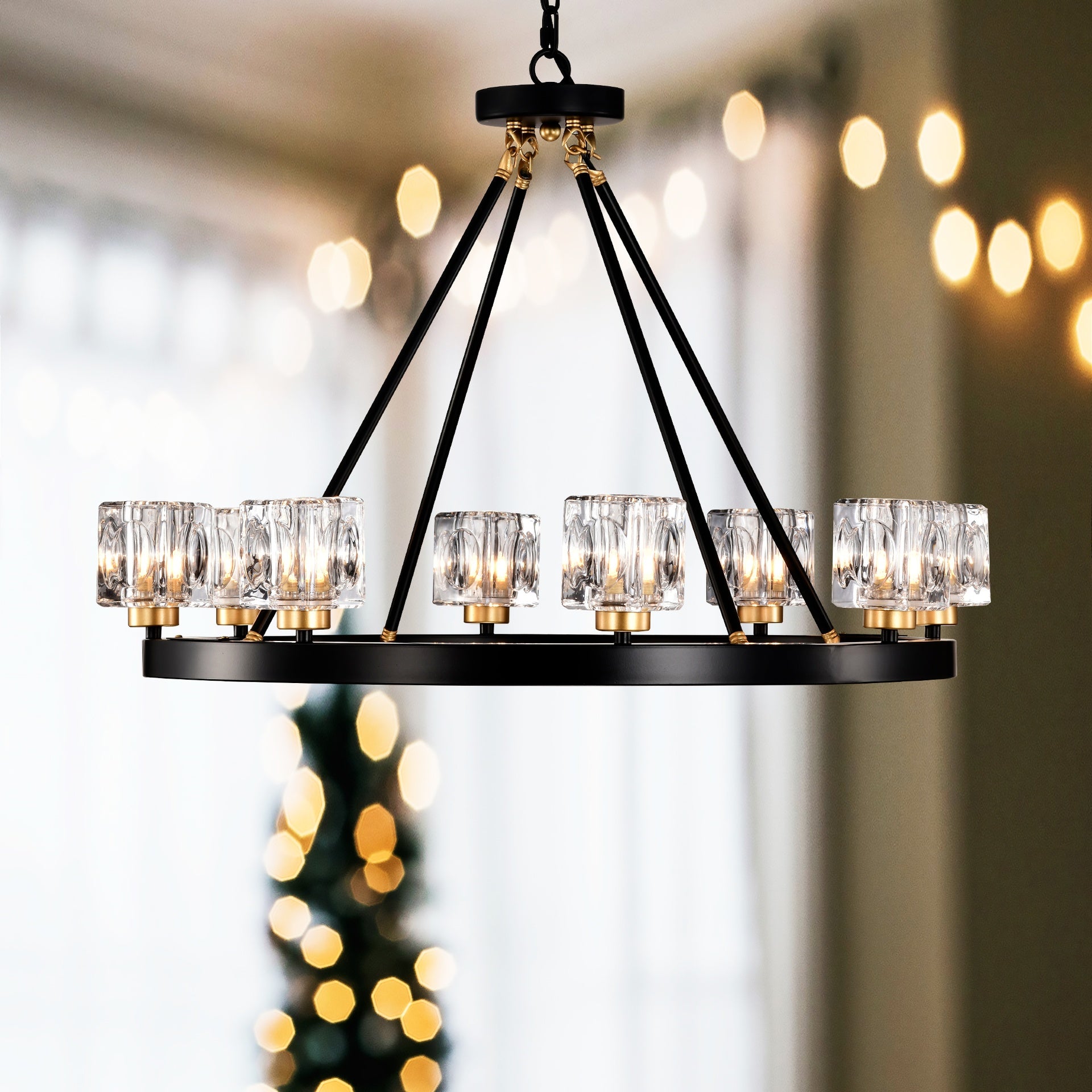 Matte Black + Gold Wagon Wheel Chandelier Farmhouse Modern Small Crystal Round Chandelier for Living Room Kitchen Island Foyer Hallway Entryway Bedroom Rustic Dining Room Light Fixture Ceiling Hanging