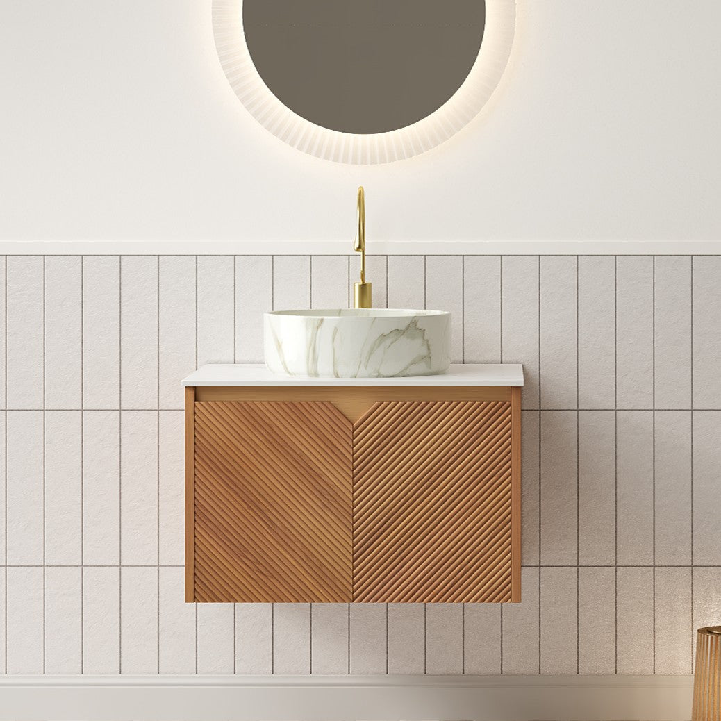 RUBEN 24" Bathroom Vanity&Sink, Floating Plywood Storage Cabinet, Twill Double Doors with Metal Trim, Matte Stone Pattern White Round Ceramic Basin&Sintered Stone Top, Brown Oak Woodgrain (New SKU)