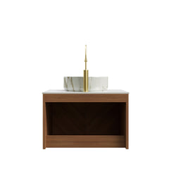 RUBEN 24" Bathroom Vanity&Sink, Floating Plywood Storage Cabinet, Twill Double Doors with Metal Trim, Matte Stone Pattern White Round Ceramic Basin&Sintered Stone Top, Brown Oak Woodgrain (New SKU)
