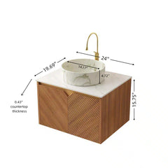 RUBEN 24" Bathroom Vanity&Sink, Floating Plywood Storage Cabinet, Twill Double Doors with Metal Trim, Matte Stone Pattern White Round Ceramic Basin&Sintered Stone Top, Brown Oak Woodgrain (New SKU)