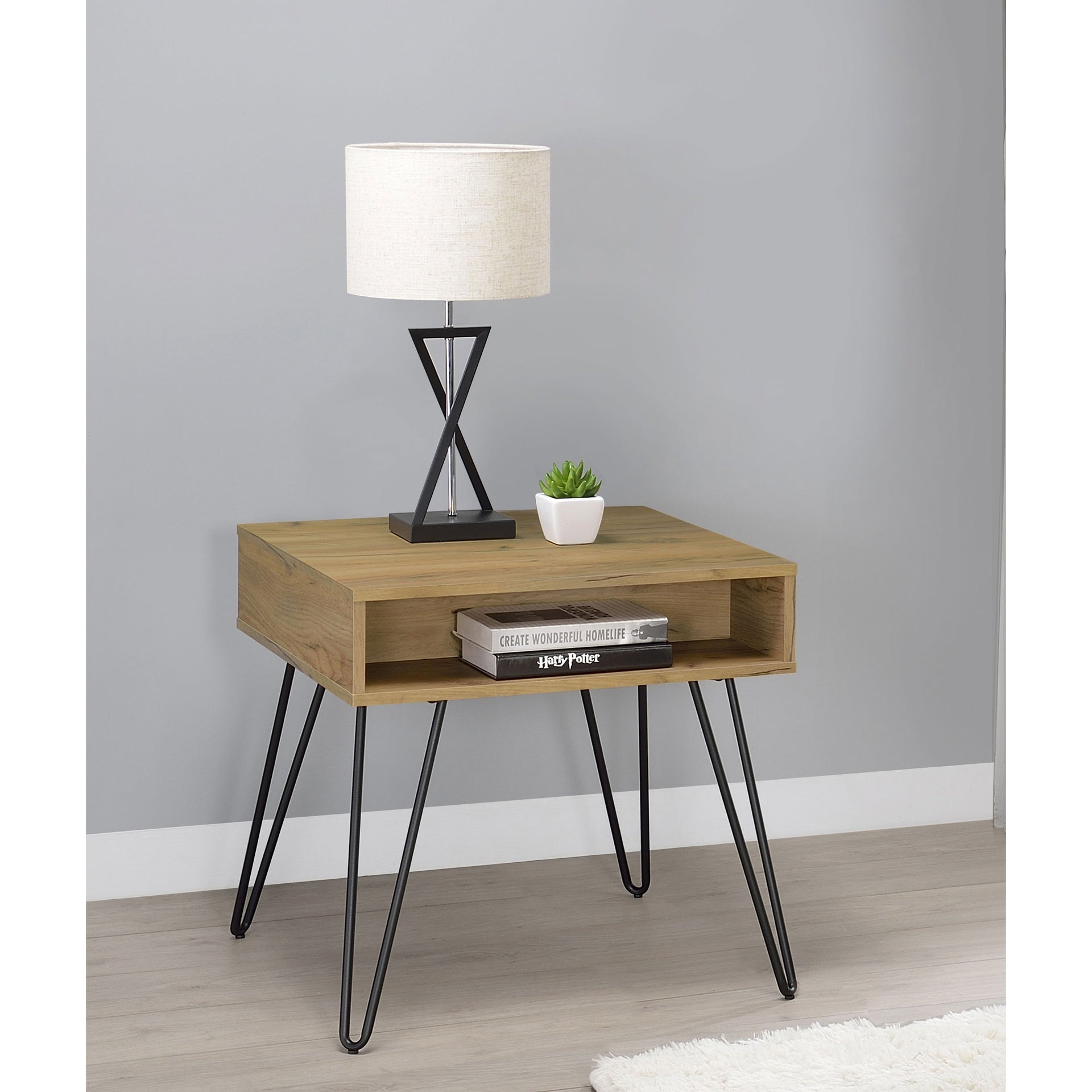 Golden Oak and Black Square End Table