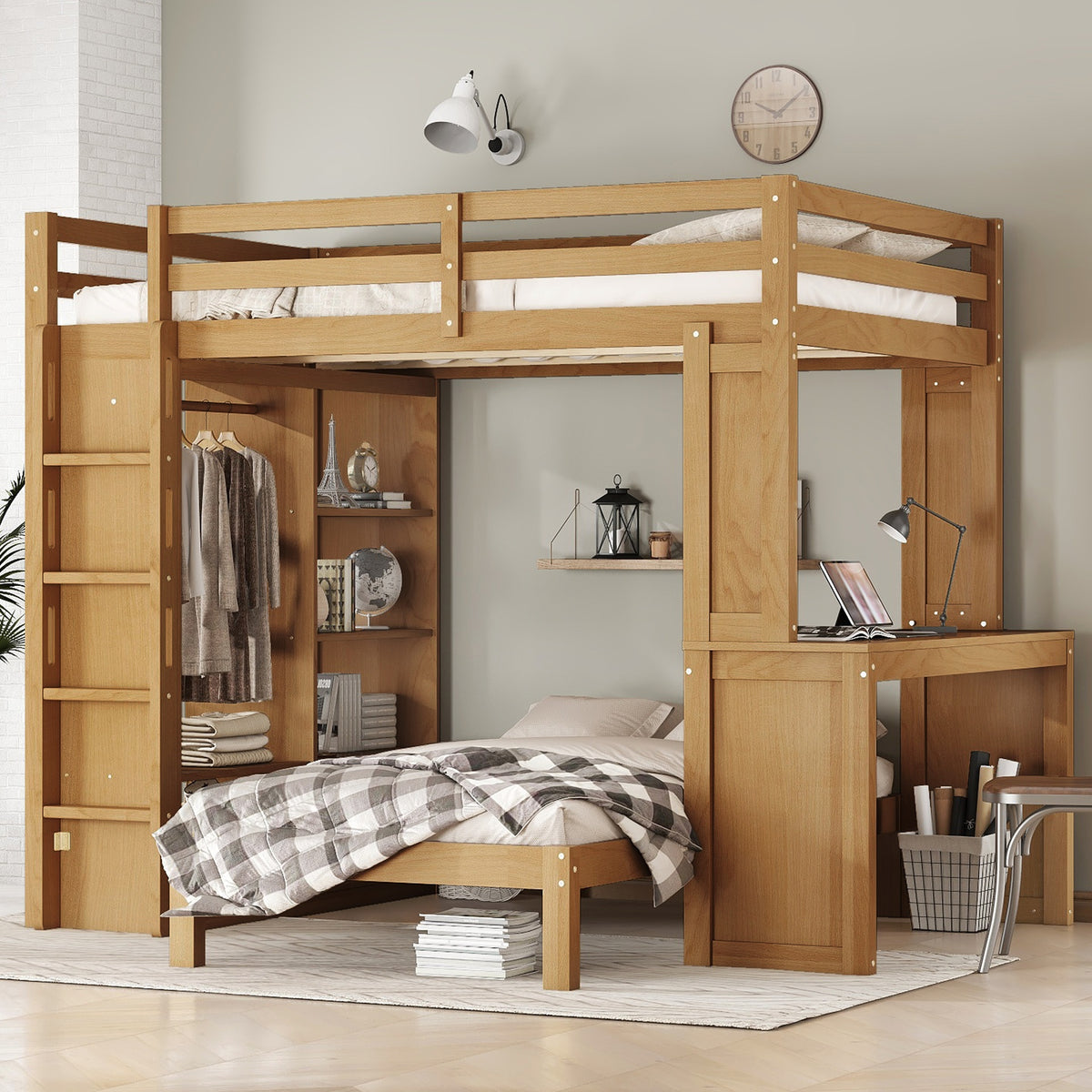 Full XL/Full over Twin Bunk Bed with Dismountable Lower Bed and Desk, Solid Wood Bunk Beds Frame with Built-in Shelves and Wardrobe, Can be Converted into Loft Bed, Natural