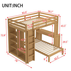 Full XL/Full over Twin Bunk Bed with Dismountable Lower Bed and Desk, Solid Wood Bunk Beds Frame with Built-in Shelves and Wardrobe, Can be Converted into Loft Bed, Natural