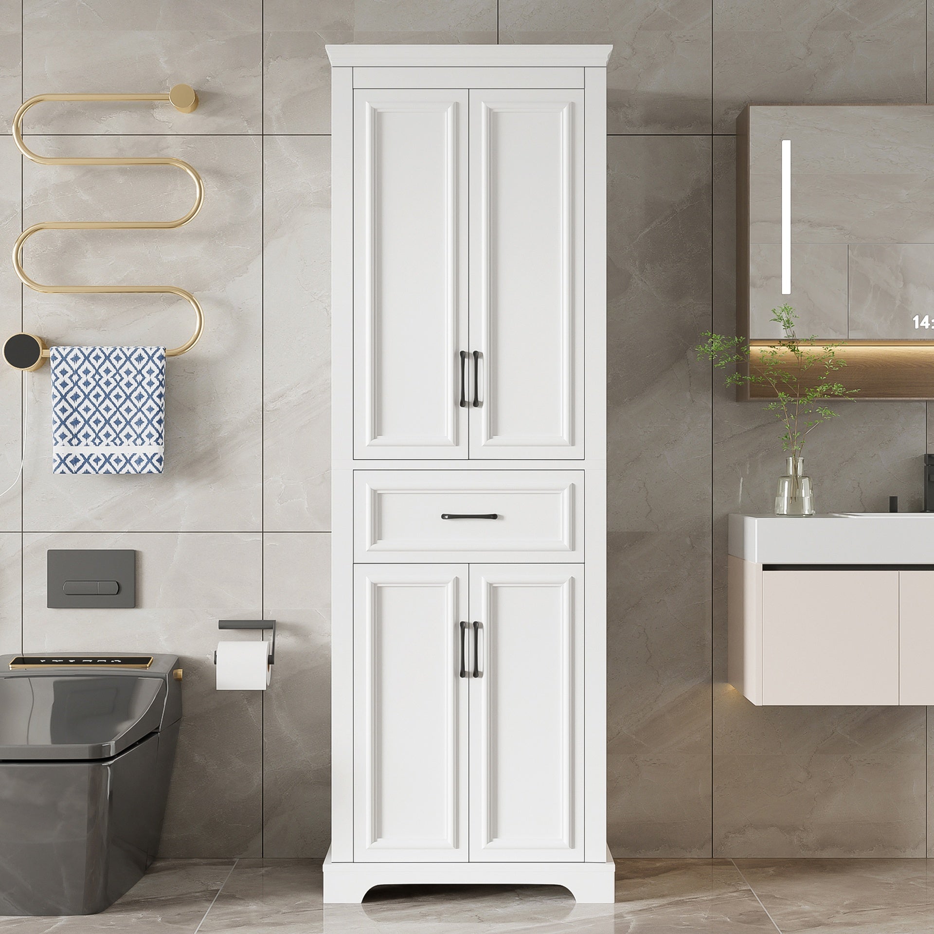 70.8" Freestanding Bathroom Vanity, Modern Elegant Design, 4 Doors & 1 Drawer, Space-Saving Storage with Adjustable Shelves, Damping Hinge Doors, Durable Painted Finish