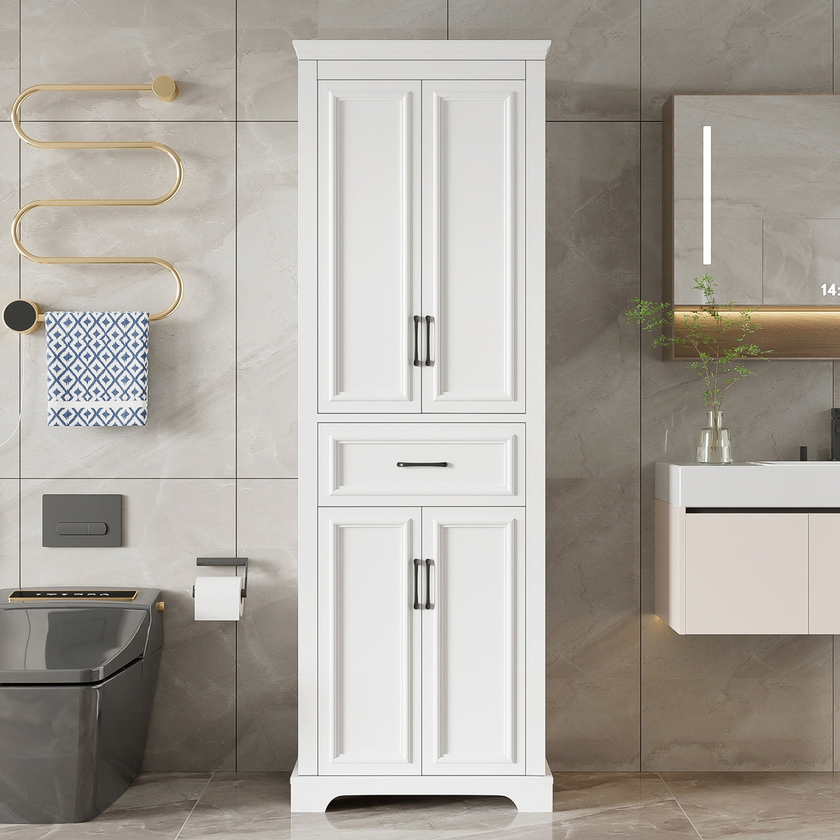 70.8" Freestanding Bathroom Vanity, Modern Elegant Design, 4 Doors & 1 Drawer, Space-Saving Storage with Adjustable Shelves, Damping Hinge Doors, Durable Painted Finish