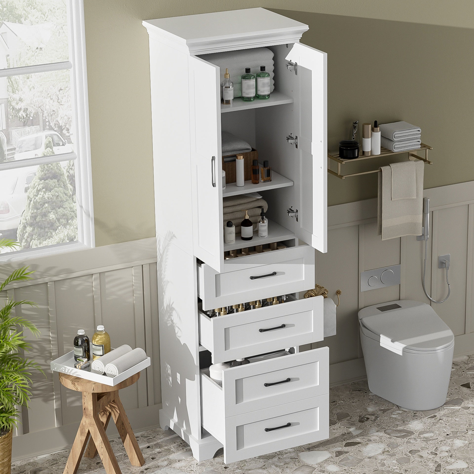 71.6" Free-Standing Bathroom Vanity with 2 Damping-Hinge Doors, 3 Drawers (Including 1 Deep Drawer), Adjustable Shelves, Black Iron Handles, Durable PB Laminate & MDF Construction