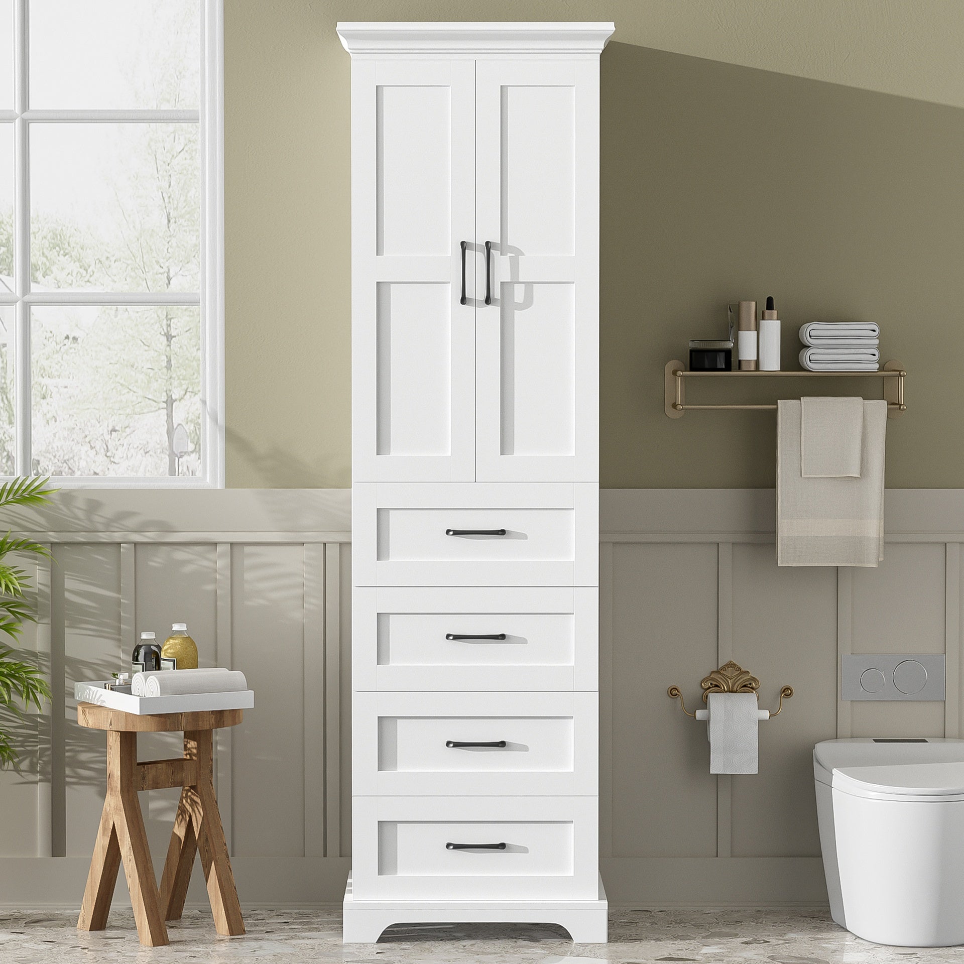 71.6" Free-Standing Bathroom Vanity with 2 Damping-Hinge Doors, 3 Drawers (Including 1 Deep Drawer), Adjustable Shelves, Black Iron Handles, Durable PB Laminate & MDF Construction