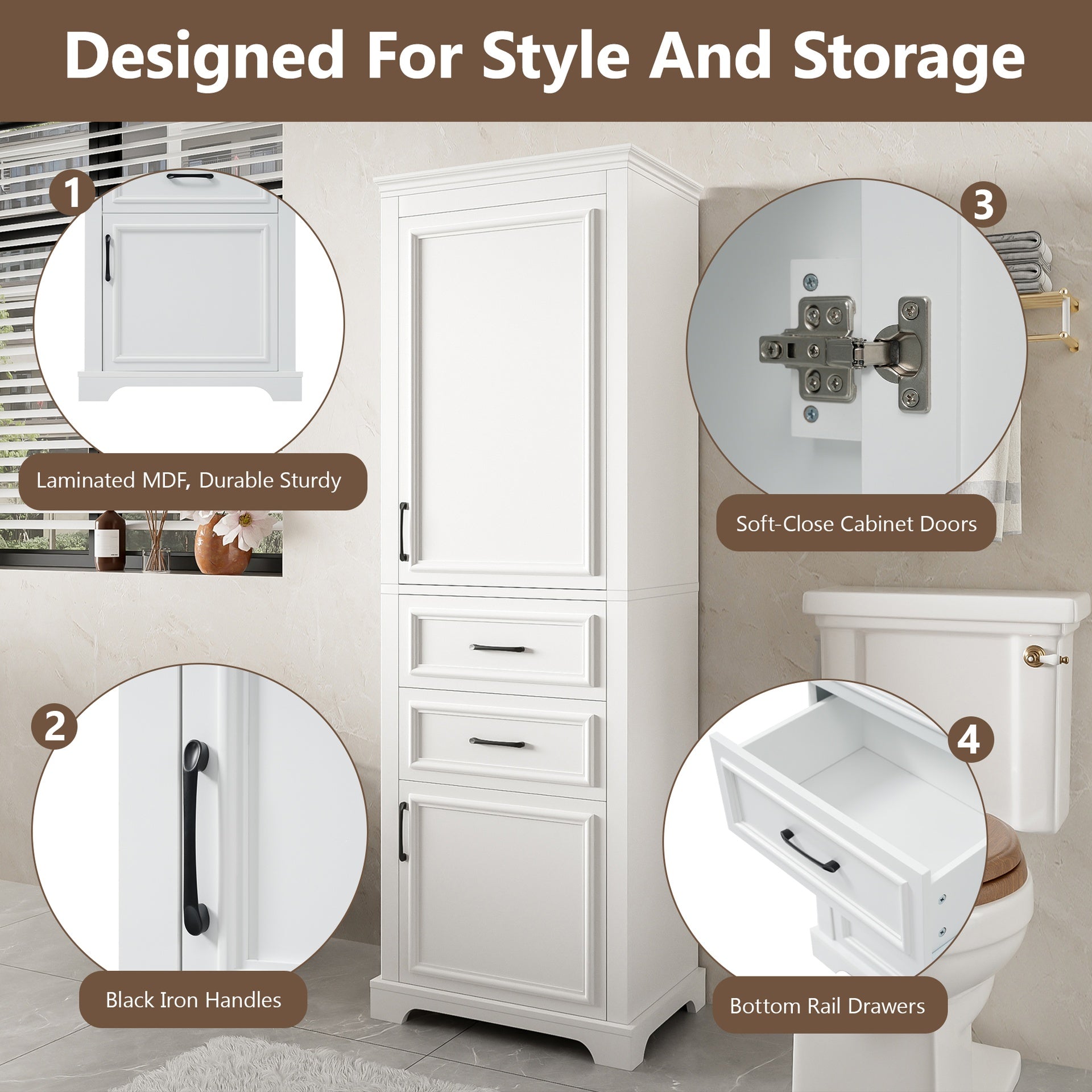 71-inch tall freestanding bathroom vanity with damping-hinge doors and drawers, featuring a modern elegant design. Includes adjustable shelves, a fixed shelf, and space-saving storage.
