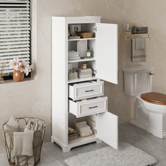 71-inch tall freestanding bathroom vanity with damping-hinge doors and drawers, featuring a modern elegant design. Includes adjustable shelves, a fixed shelf, and space-saving storage.