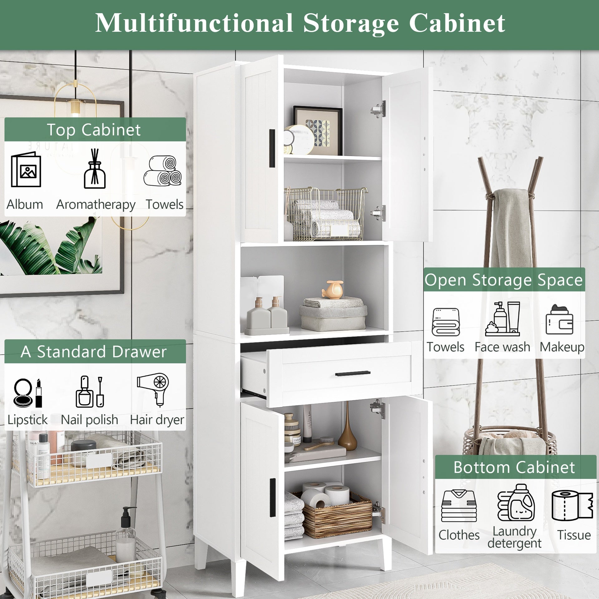 70.9" High Freestanding Tall Bathroom Cabinet with a Drawer, 2 Cabinets, 4 Soft-Close Doors, 2 Adjustable Shelves, Open Storage, for Bathroom, Living Room, Laundry Room