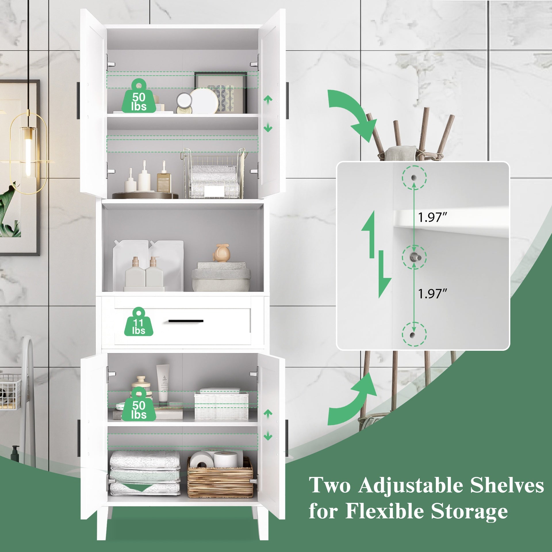 70.9" High Freestanding Tall Bathroom Cabinet with a Drawer, 2 Cabinets, 4 Soft-Close Doors, 2 Adjustable Shelves, Open Storage, for Bathroom, Living Room, Laundry Room