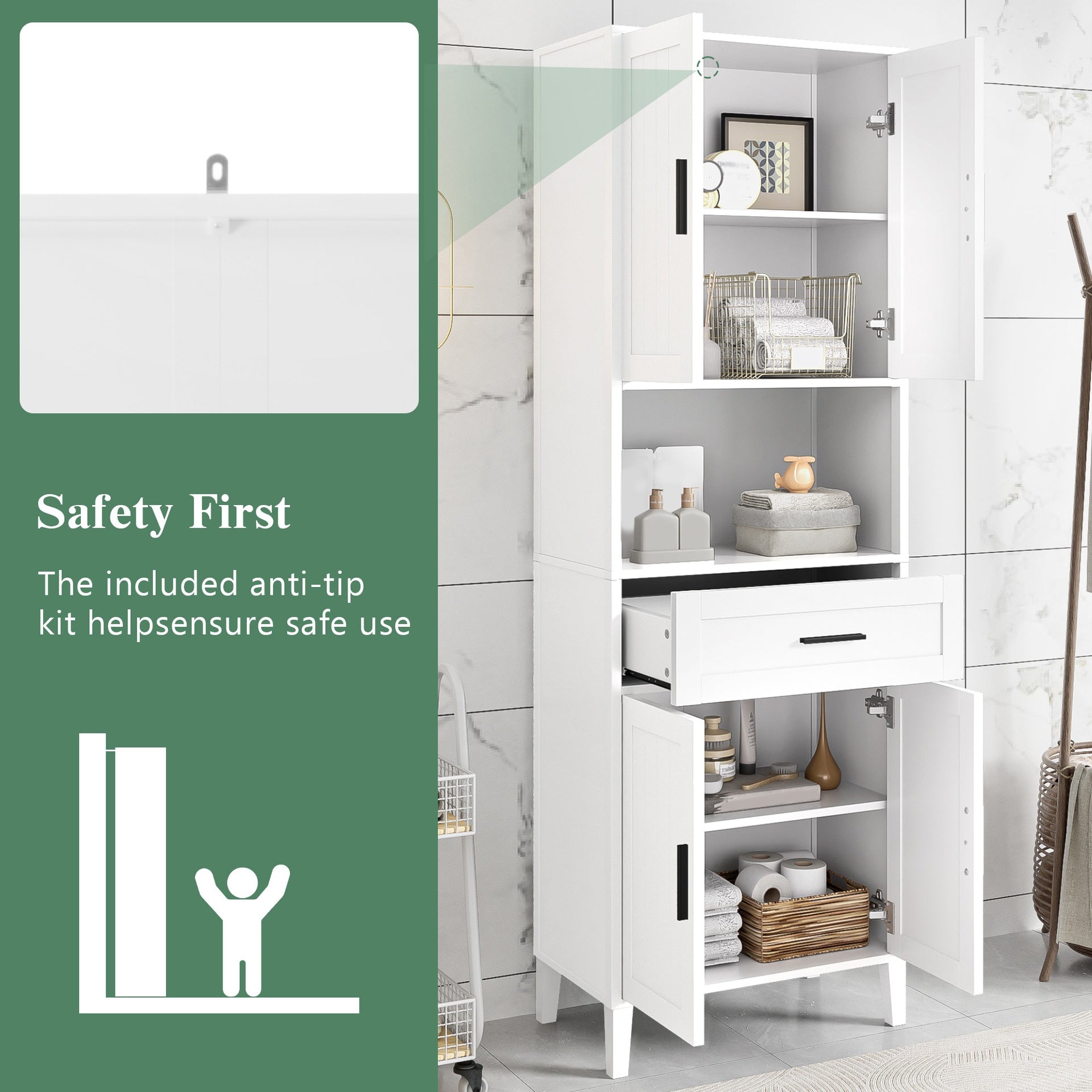70.9" High Freestanding Tall Bathroom Cabinet with a Drawer, 2 Cabinets, 4 Soft-Close Doors, 2 Adjustable Shelves, Open Storage, for Bathroom, Living Room, Laundry Room