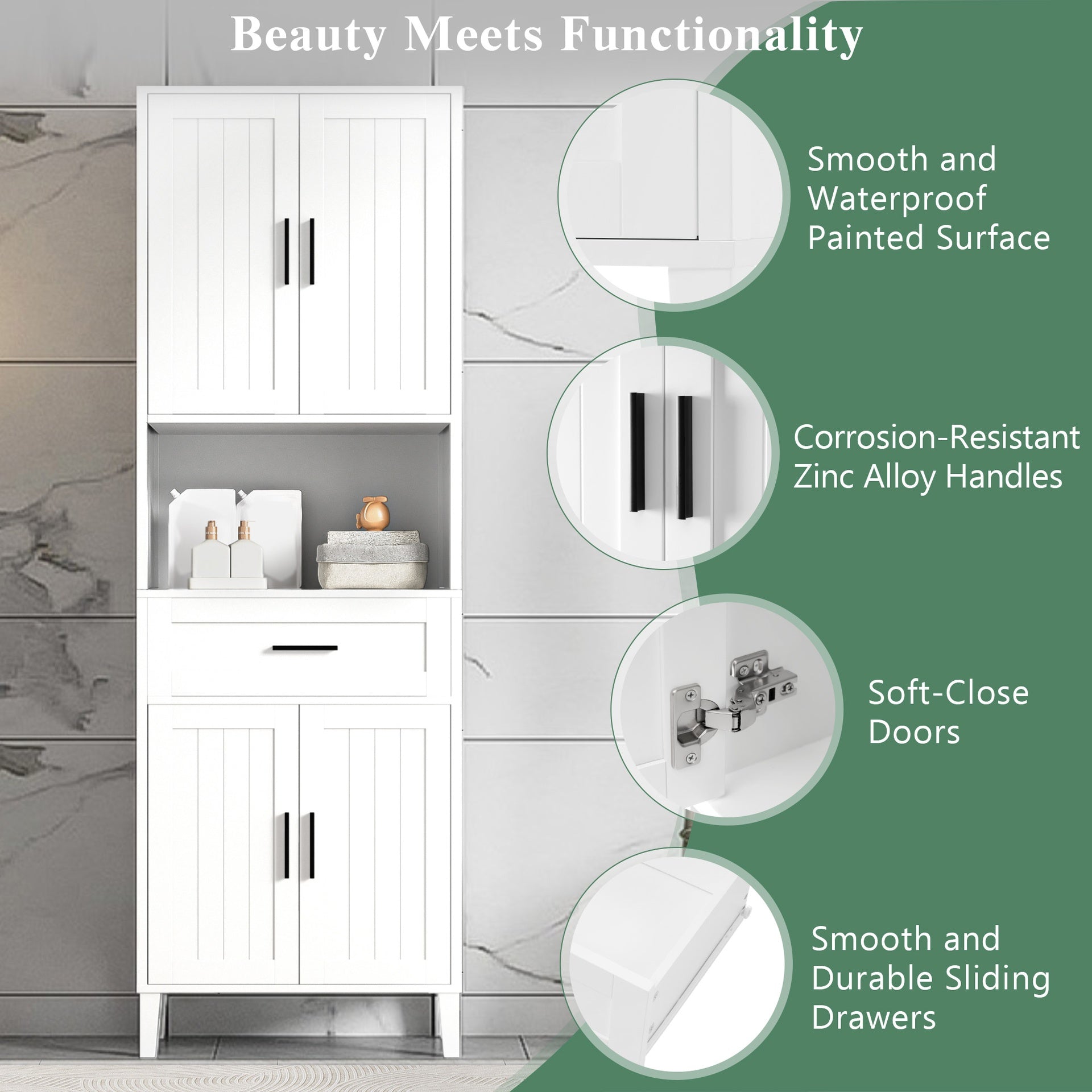 70.9" High Freestanding Tall Bathroom Cabinet with a Drawer, 2 Cabinets, 4 Soft-Close Doors, 2 Adjustable Shelves, Open Storage, for Bathroom, Living Room, Laundry Room