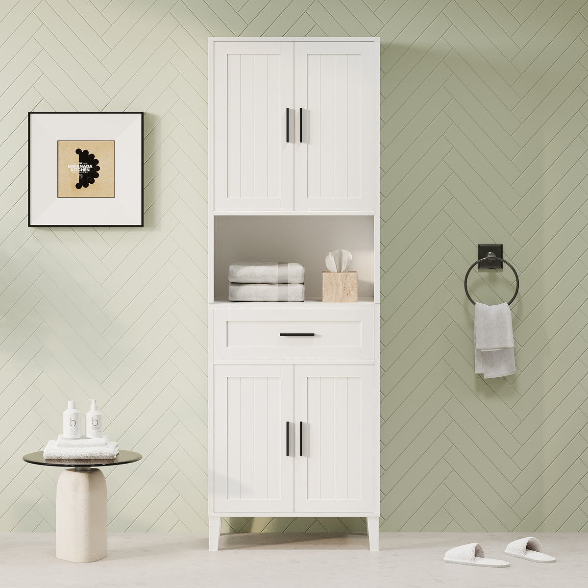 70.9" High Freestanding Tall Bathroom Cabinet with a Drawer, 2 Cabinets, 4 Soft-Close Doors, 2 Adjustable Shelves, Open Storage, for Bathroom, Living Room, Laundry Room