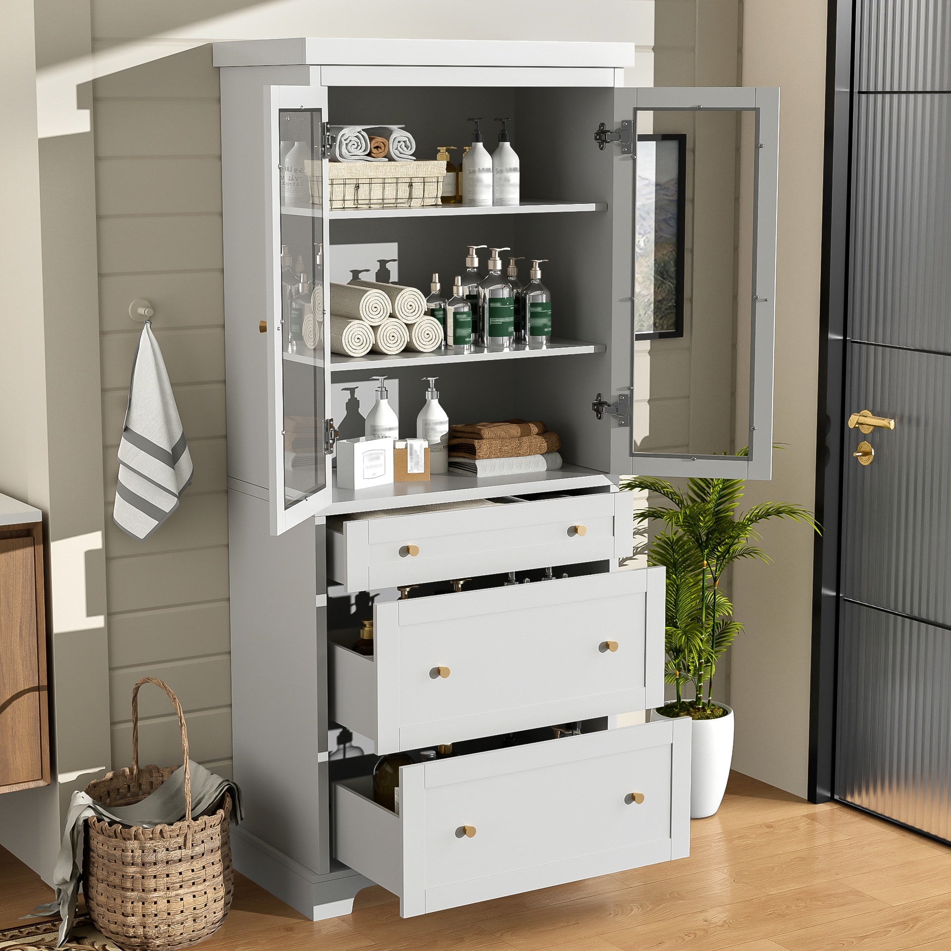 70.1" Modern High Freestanding Tall Bathroom Cabinet with 2 Adjustable Shelves, 3 Drawers, Soft Close Glass Doors – Ideal for Bathroom, Living Room, Kitchen Storage