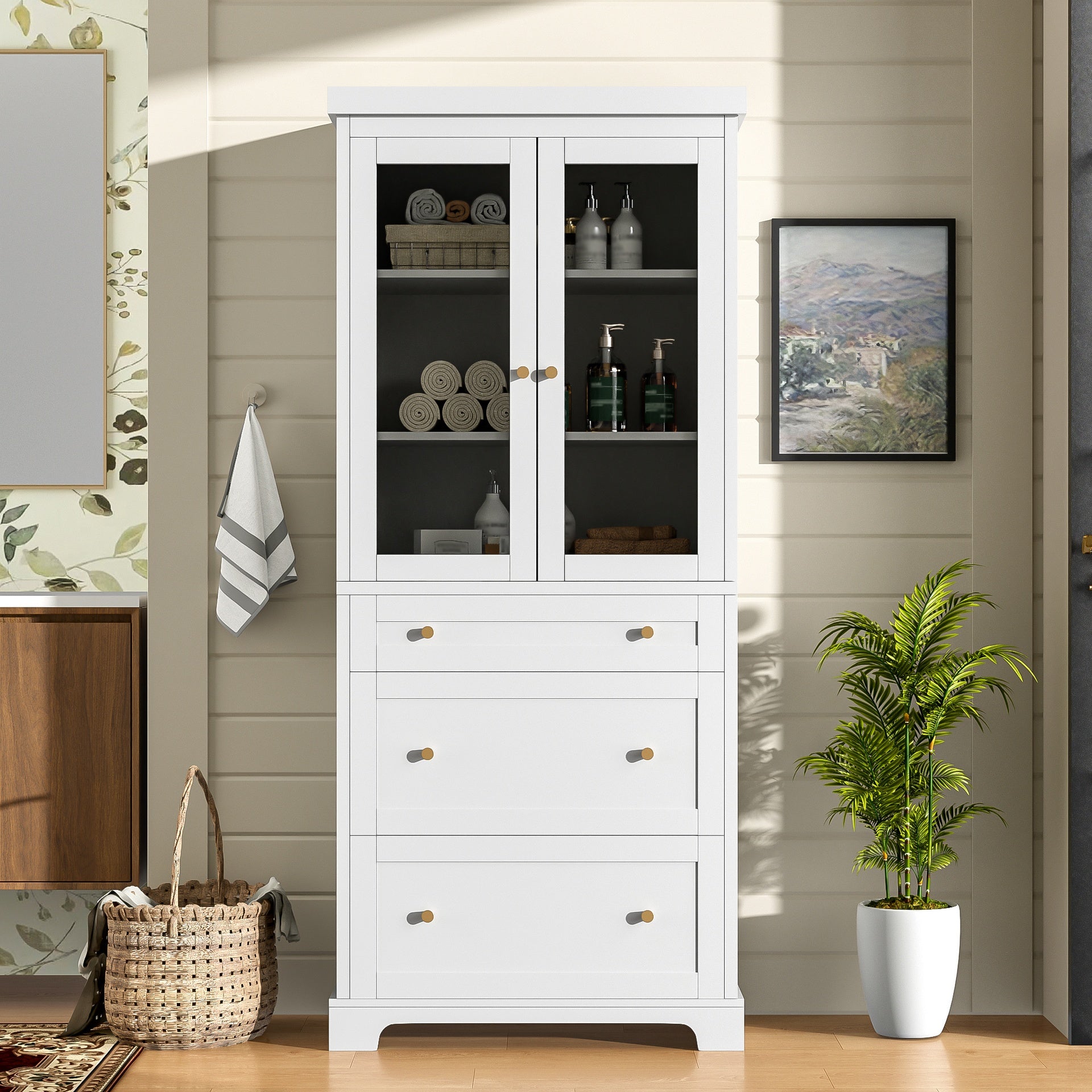 70.1" Modern High Freestanding Tall Bathroom Cabinet with 2 Adjustable Shelves, 3 Drawers, Soft Close Glass Doors – Ideal for Bathroom, Living Room, Kitchen Storage