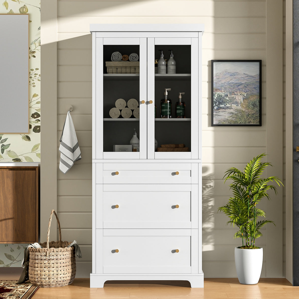 70.1" Modern High Freestanding Tall Bathroom Cabinet with 2 Adjustable Shelves, 3 Drawers, Soft Close Glass Doors – Ideal for Bathroom, Living Room, Kitchen Storage